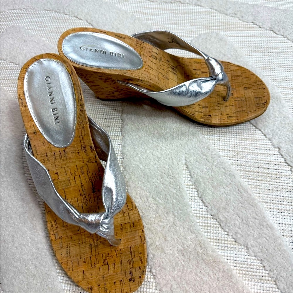 Gianni Bini Silver Cork Wedge Sandals